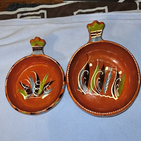 Mexican Tlaquepaque Nesting Bowls 2 Piece Set Redware Pottery Glazed Terra Cotta - Picture 6 of 15